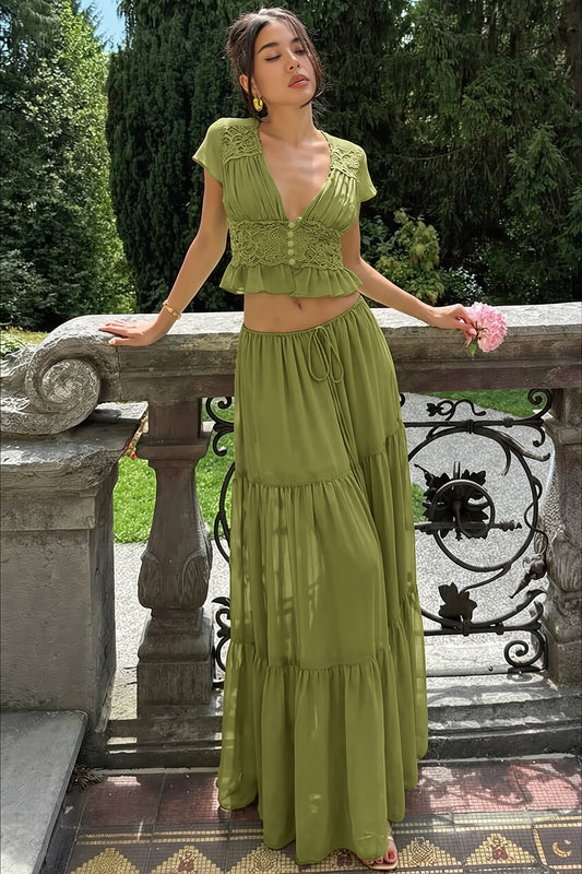 Ruched Ruffle Crop Tiered Skirt Set