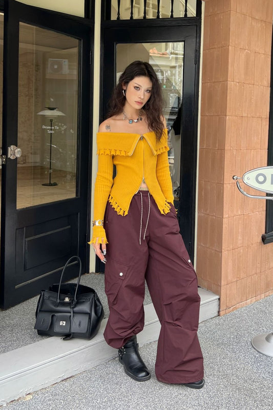 Distressed Knit Roll Collar Fitted Blouse