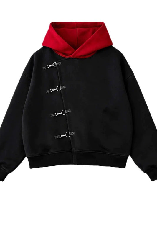 Contrast-Hood Hook-Closure Pullover Hoodie