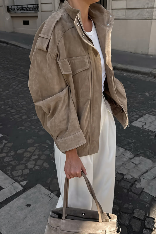 Suede Look Stand Collar Utility Bomber Jacket