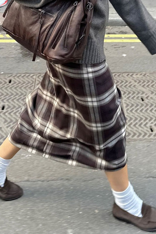 Asymmetric Straight Plaid Skirt