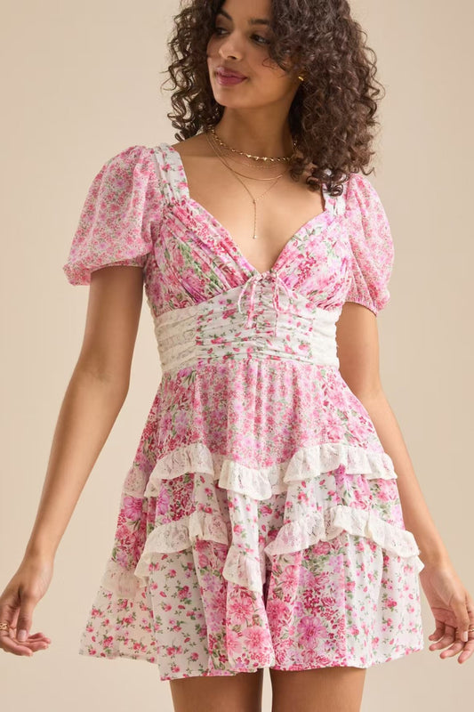 Floral Lace Patchwork V Neck Puff Short Sleeve Mini Dress