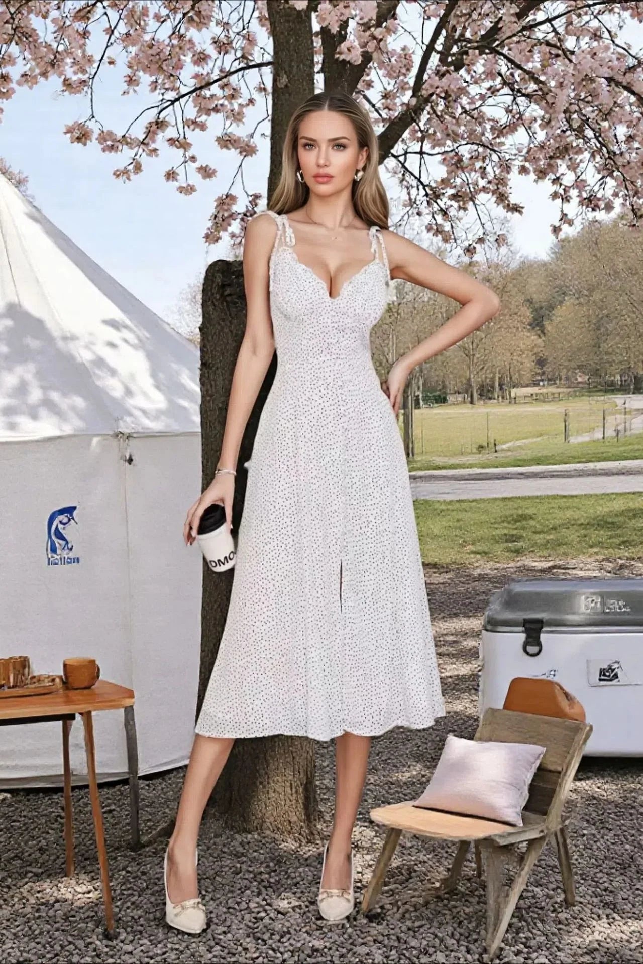 Polka Dot Halter Backless Bodycon Maxi Dress