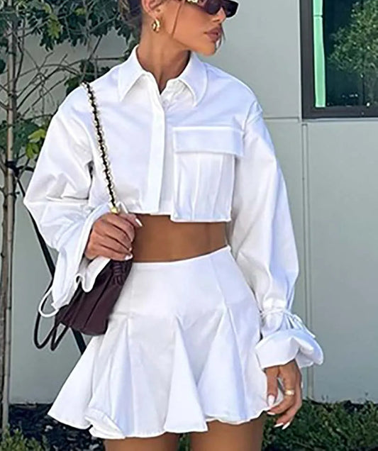 White Pockets Crop Pleated Mini Office Two Piece Set