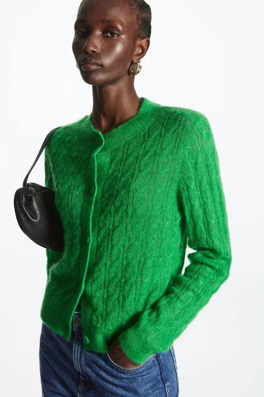 Mohair Blend Cable Knit Cardigan Green / S