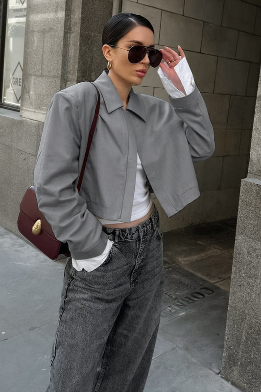 Gray Cropped Long Sleeve Jacket
