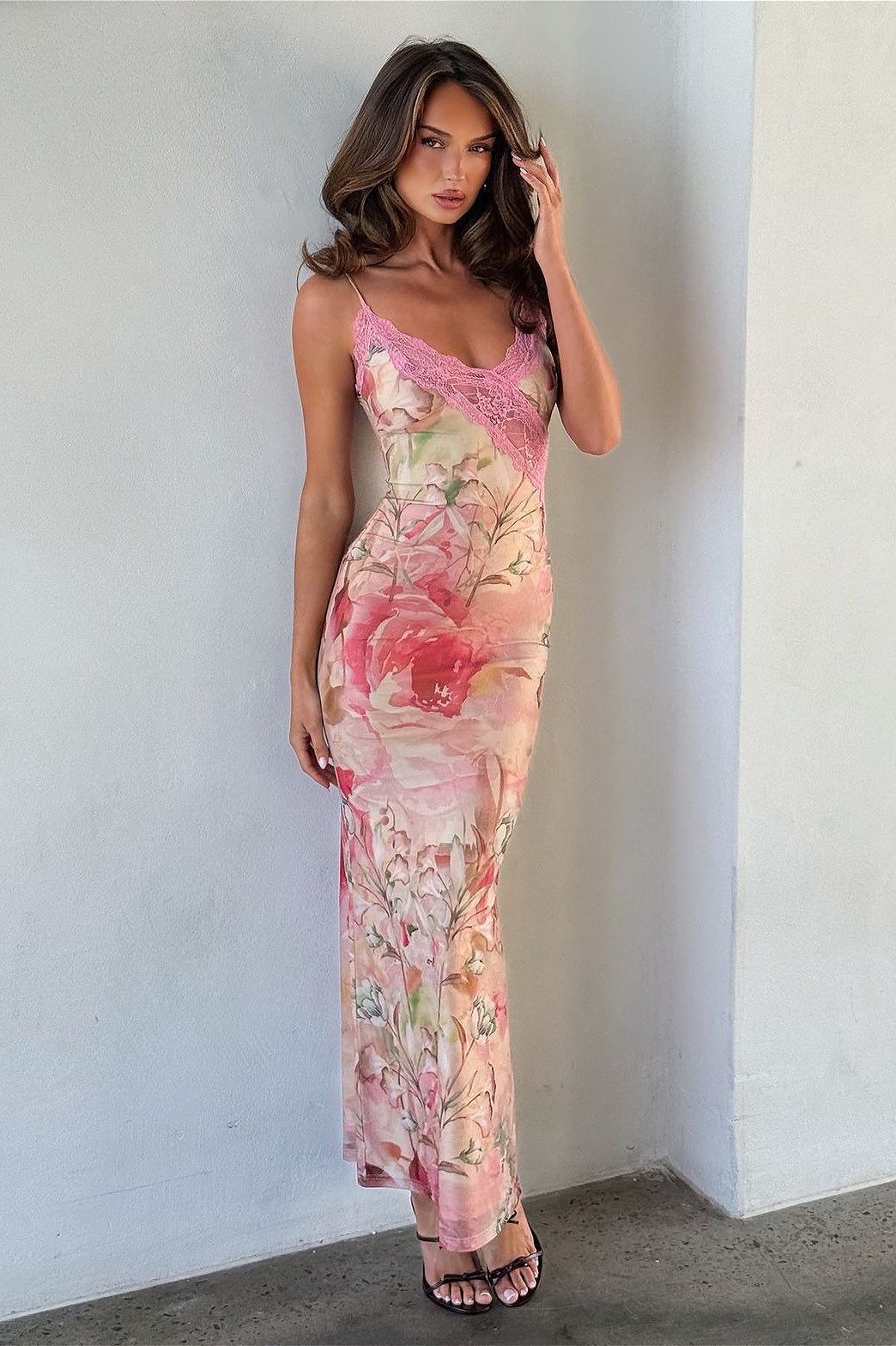 Elegant Lace Chiffon Floral Cami Maxi Dress – PrincessAce