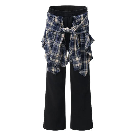 Plaid Patchwork High Waist Pants Black / S