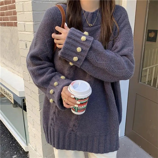 Retro Solid Color Thick Loose Elegant Sweater GRAY / S