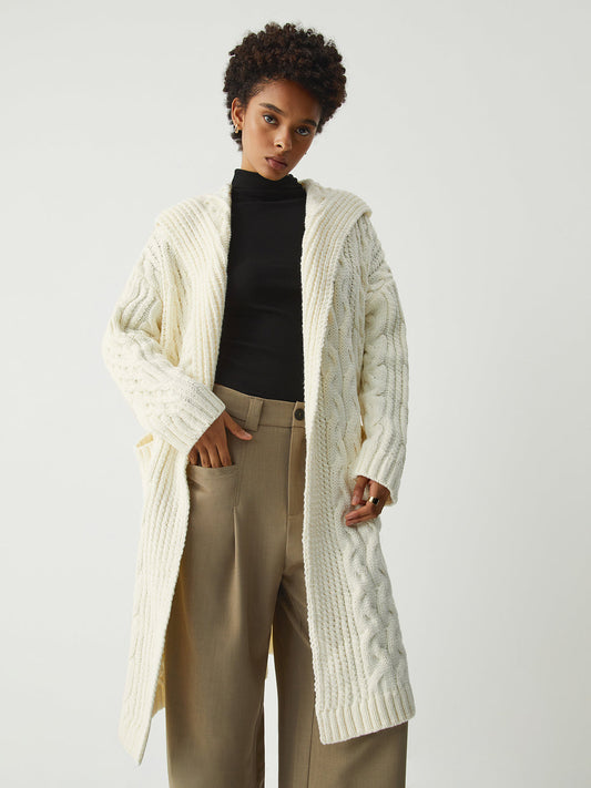 Cable Knit Graceful Hooded Longline Cardigan Off-White / S Sweaters-L