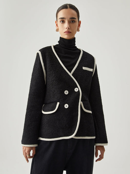 Contrast Trim Tweed Trendy Button Detail Wool Coat Coats-L