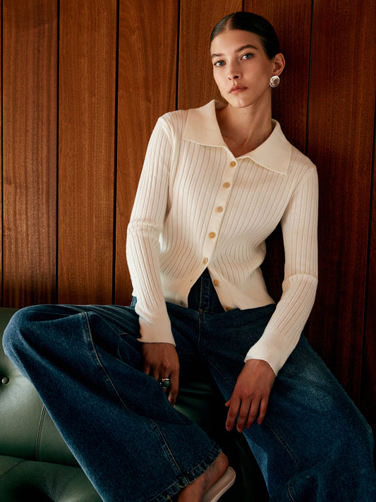 Wool Blend Lapel Knit Cardigan White / XS Cardigans