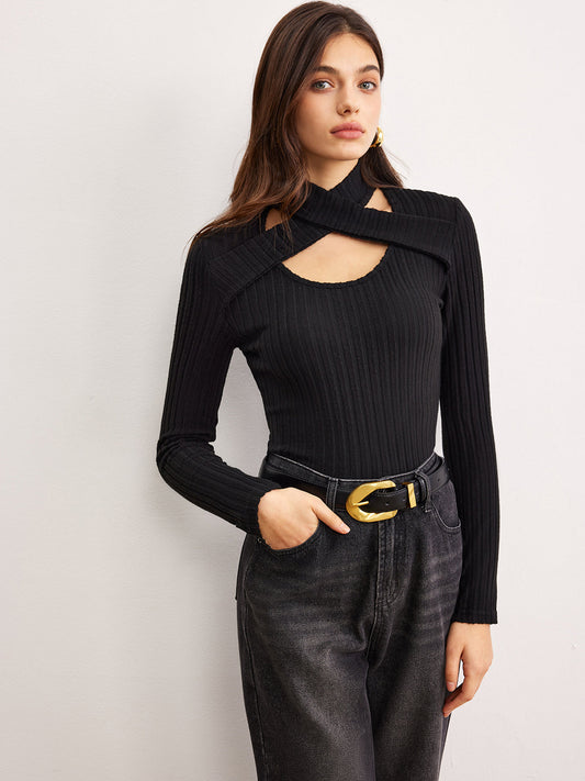 Criss Cross Neck Ribbed Top T Shirts