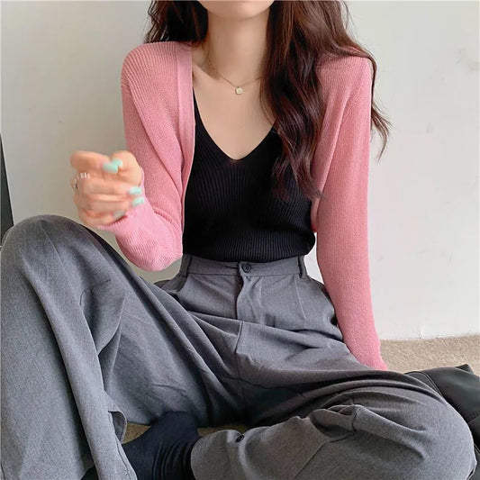 Thin Long Sleeve Sunscreen Cropped Solid Knit Cardigan cardiagn-250126