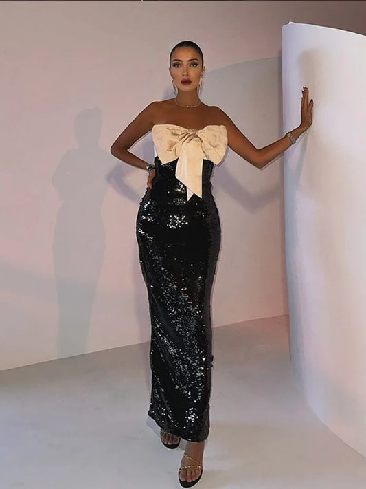 Black Sequins 3D Bow Sleeveless Party Dress Partydress-241208