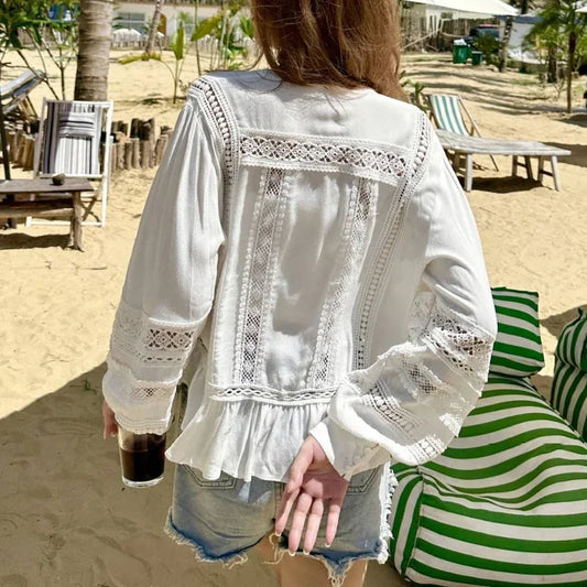Hollow Out Lace Ethnic Long Sleeve Ruffles Boho Blouse