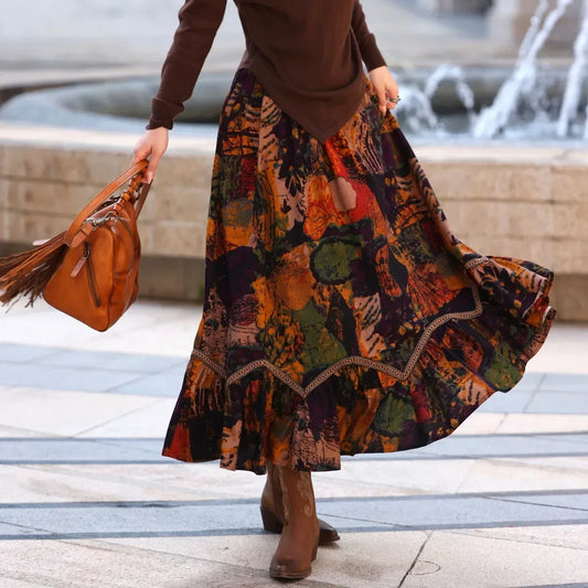 Boho Style Maxi Skirts Painting Printing Design Romantic Vintage A-line Mixed color / M