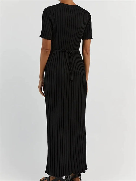 Fashion Women Solid Color Round Neck Short Sleeve Summer Tie-Up Party Ribbed Knitted Female Vestidos