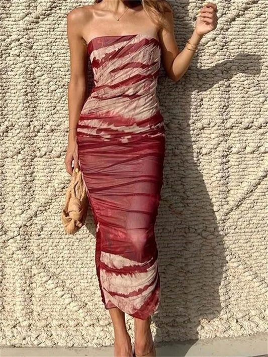 Irregular Tie Dyeing Print Tube For Women Summer Beach Party Clubwear Strapless Off Shoulder Ruched
