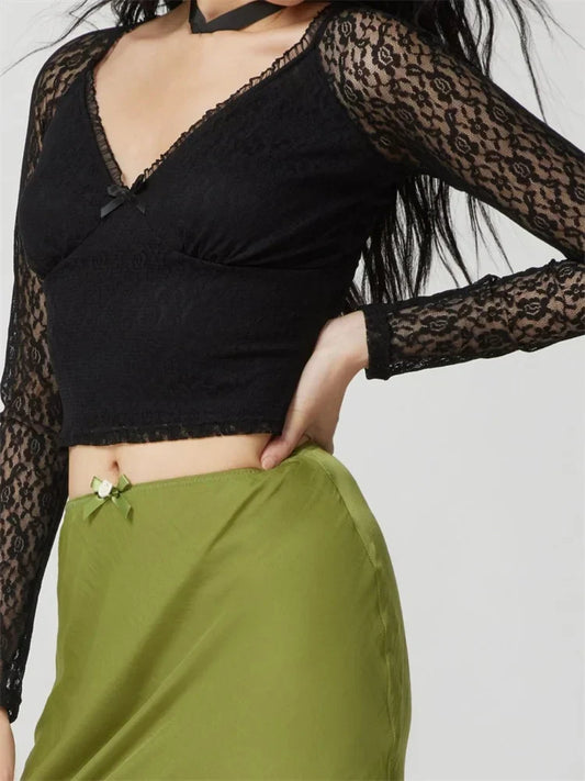 Clubwear V-Neck Black Slim Lace Flower Mesh T-Shirts