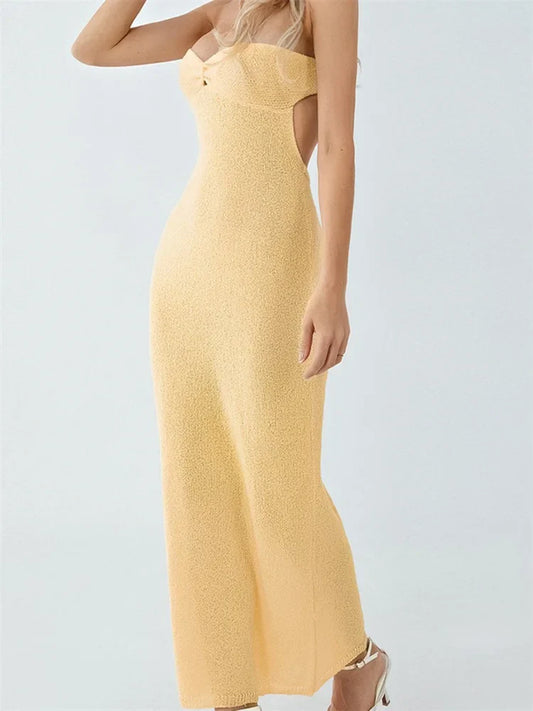 Sexy Women Knitted Tube Strapless Off Shoulder Solid Summer Tie-Up Backless Beach Female Vestidos