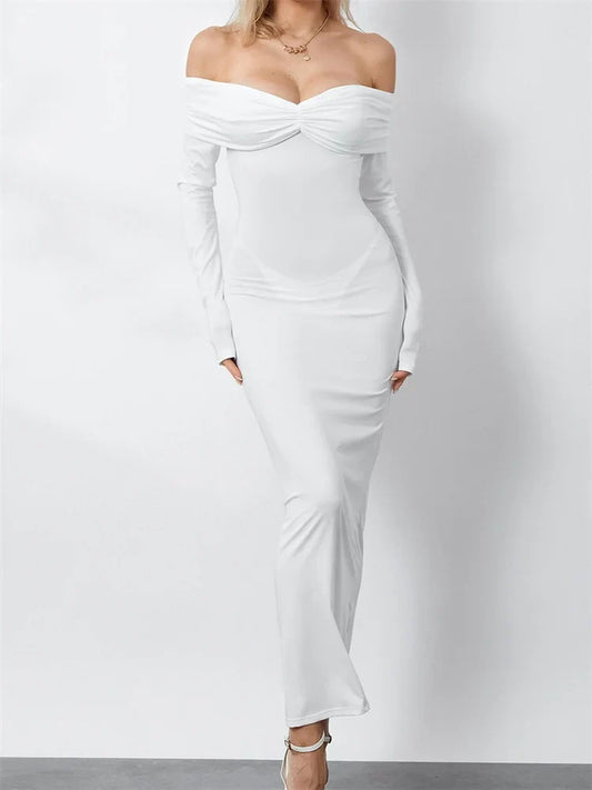 Women Ruched Slash Neck Off-Shoulder Sleeve Solid Slim Fit Bodycon Cocktail Party Vestidos White / S