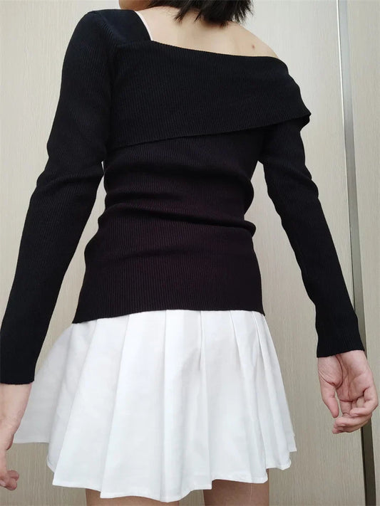 Off Shoulder Irregular Neck Long Sleeve Ribbed Knitted T-Shirts