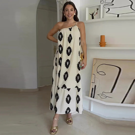 Flower Print Collar Party Vestidos Maxi Dress White / Xs