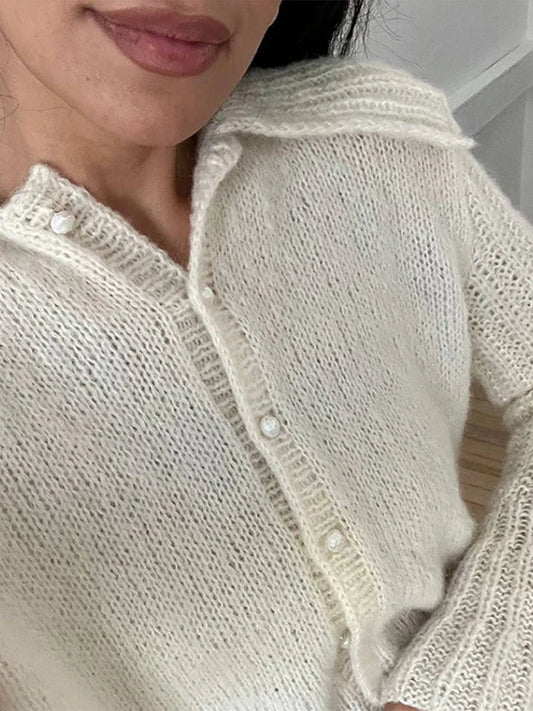 Lapel Pearl Single-Breasted Cardigan Cardigan-241208