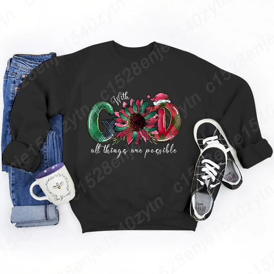 God All Things Possible Round Neck Hoodie - Autumn/Winter/Christmas Black / S Christmas Hoodies-L