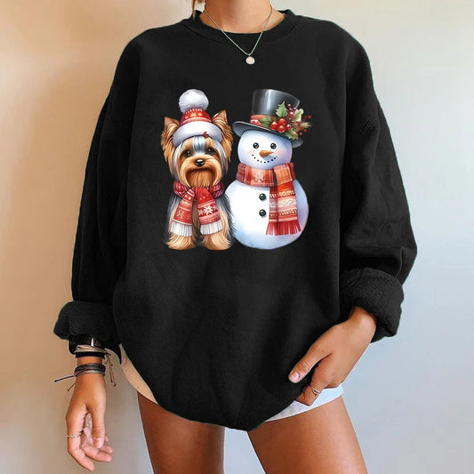 Y2K Snowman Dog Printed Christmas Hoodie Black / S Hoodies-L