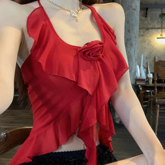 Crop Top mit gesmoktem Neckholder und Rüschen