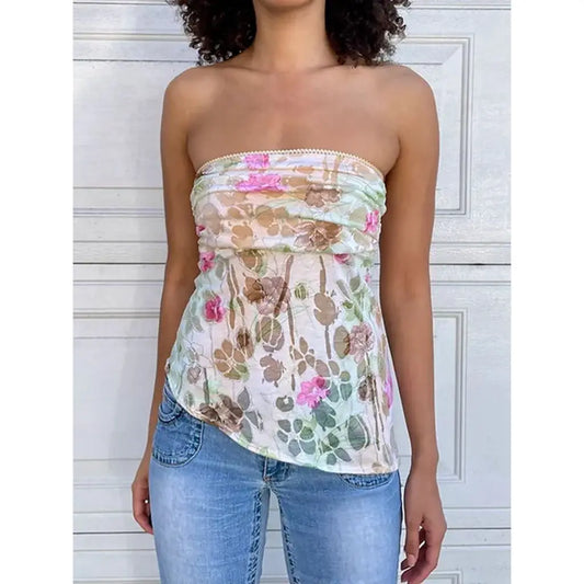 Trägerloses Crop-Top mit Blumenmuster