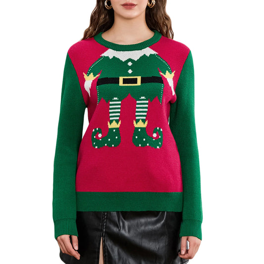 Cute Trendy Elf Legs Print Crew Neck Warm Fall Winter Streetwear Christmas Sweater Green 1 / S
