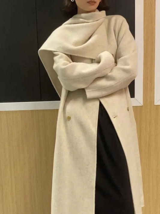 Scarf Collar Double-Breasted Wool Overcoat Creamy-white / One Size