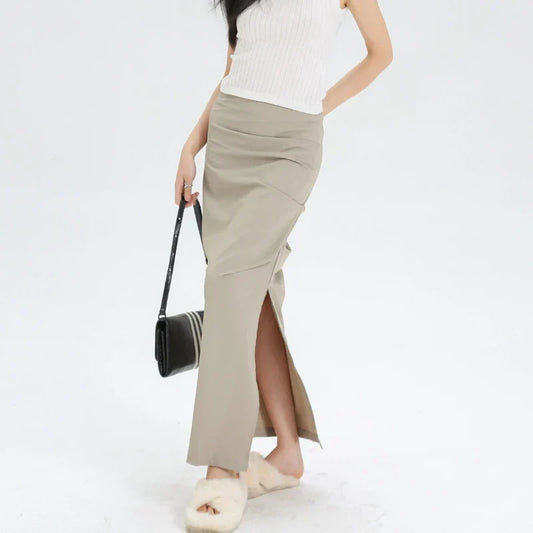 Slit Pleated Solid Long Skirt Vintage Korean Casual