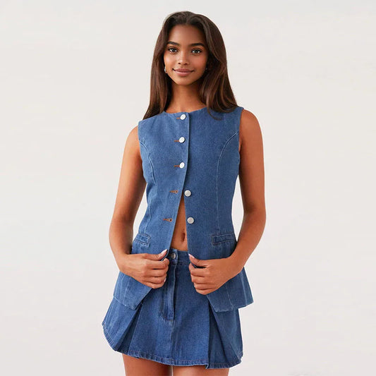 Denim Solid Button Sleeveless Office Two Piece Set