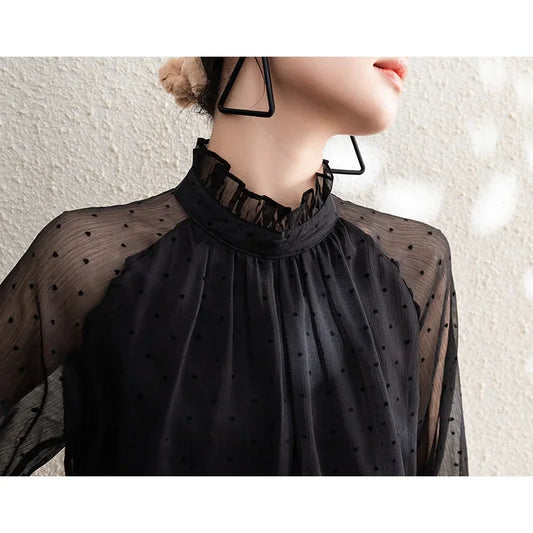 Polka Dot Chiffon Stand Collar Autumn Blouse blouse-250126