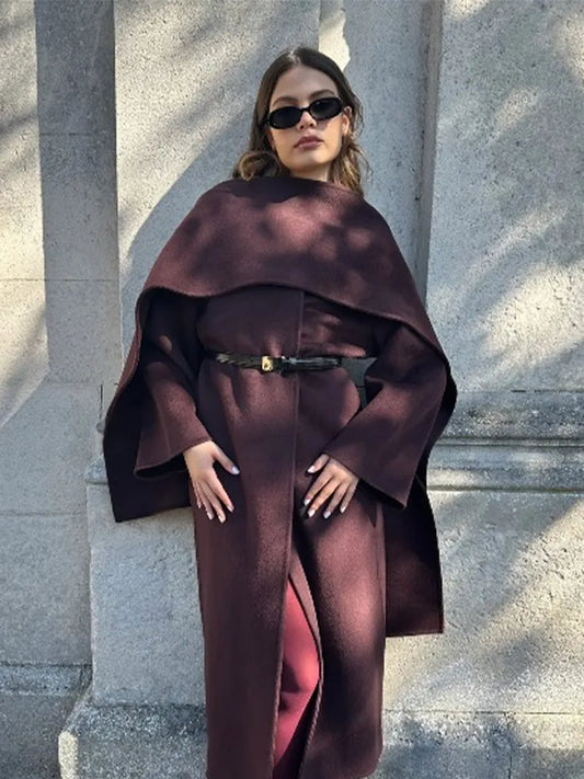 Burgundy Scarf Collar Woolen Coat Picture color / S