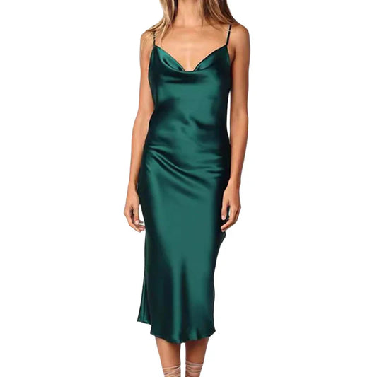 Elegant Satin Long Dresses Green Party Sexy Evening Backless Summer Christmas Dress / S Dresses-L