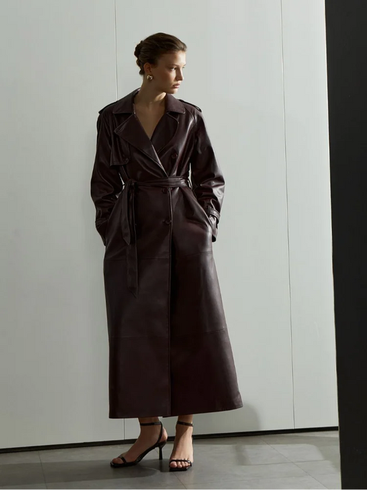 Red Lapel Leather Belted Coat Coats-241208