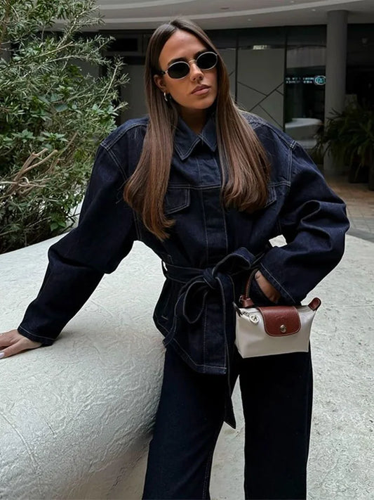 Denim Jacket Belted Trousers Office Two Piece Set