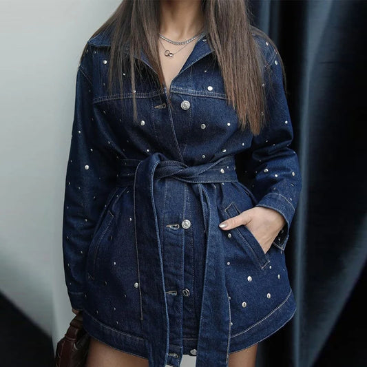 Denim Jacket Belted Trousers Office Two Piece Set