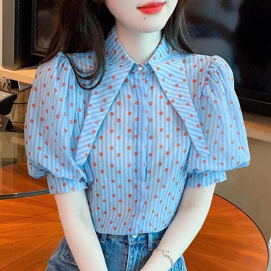 Polka Dot Print Elegant Loose Puff Sleeve Blouse blouse-250126