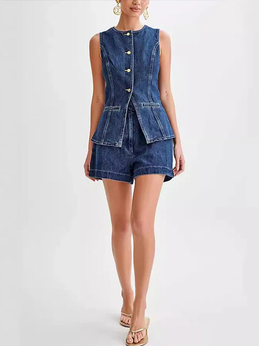 Denim O-neck Sleeveless Shorts Office Two Piece Set
