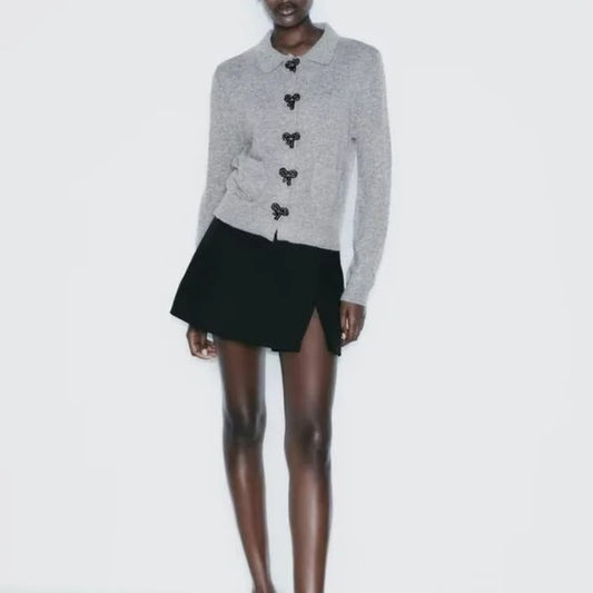 Bow Button Lapel Cardigan Grey / S Cardigan-241208