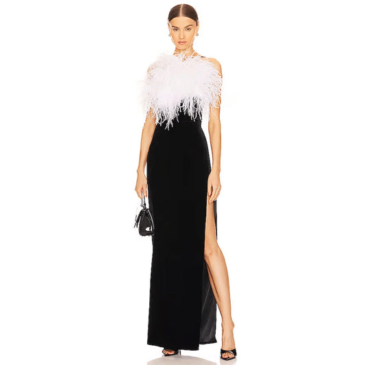 Feather Split Maxi Party Dress Black / Xs Partydress-241208