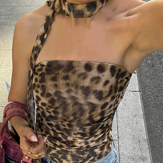 Leopand Ruched Scarf Crop Top