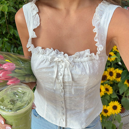 Hollow Eyelet Bow Crop Top