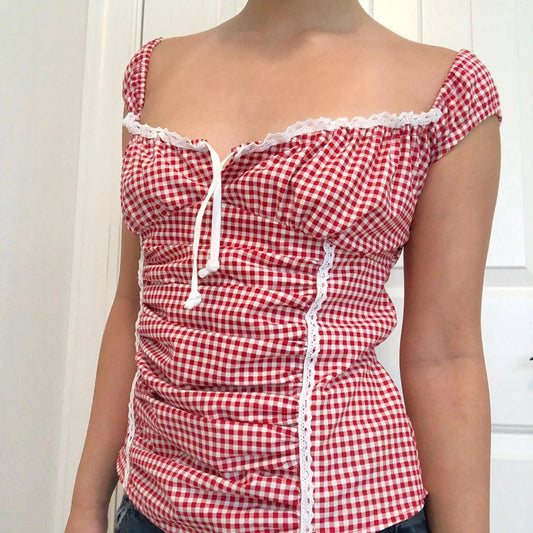 Rotes, gekräuseltes Crop-Top mit Vichy-Karomuster